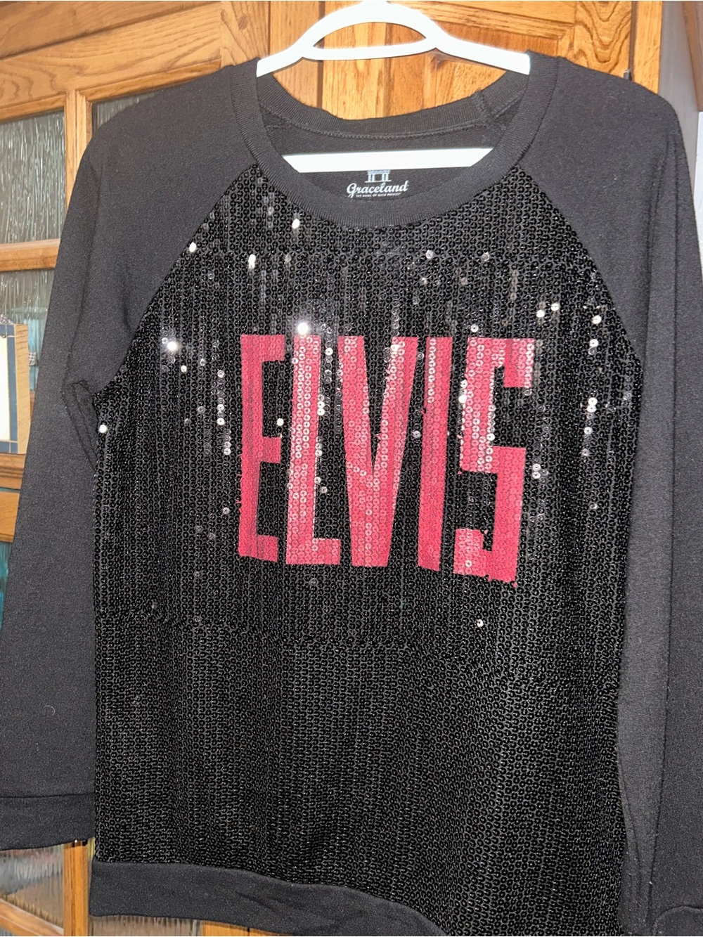 Grace Black Sequin Sweatshirt with Red ELVIS Logo